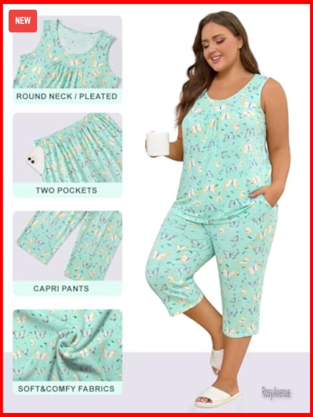 Women's 2 Piece Pajama Set Sleeveless Top Capri Pants Lounge Sets with Pockets - Picture 5 of 7
